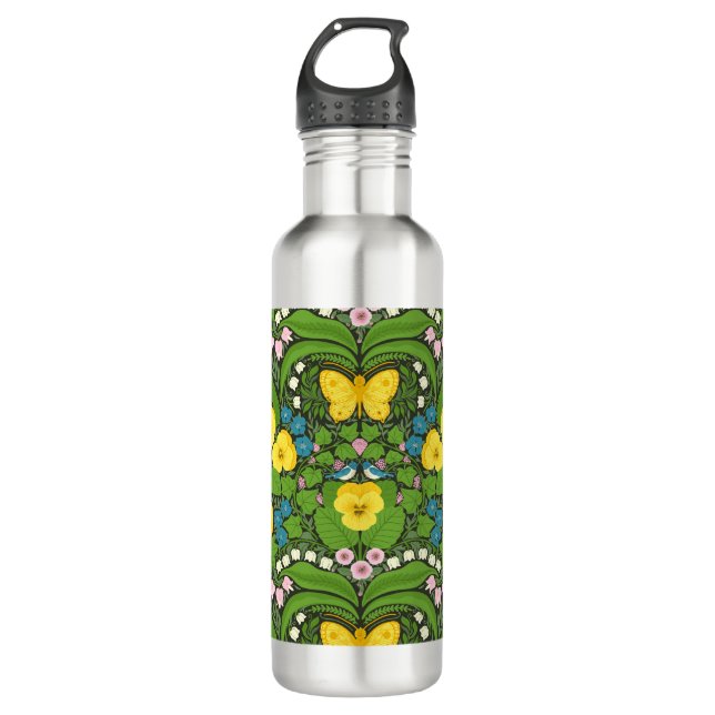 Yellow pansies, birds and butterflies stainless steel water bottle (Front)