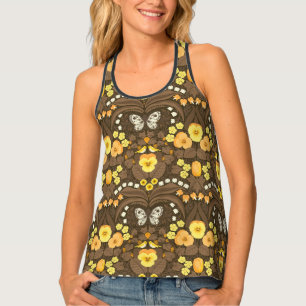 Yellow pansies, birds and butterflies tank top