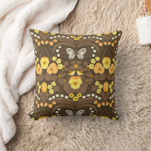 Yellow pansies, birds and butterflies throw pillow