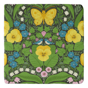 Yellow pansies, birds and butterflies trivet