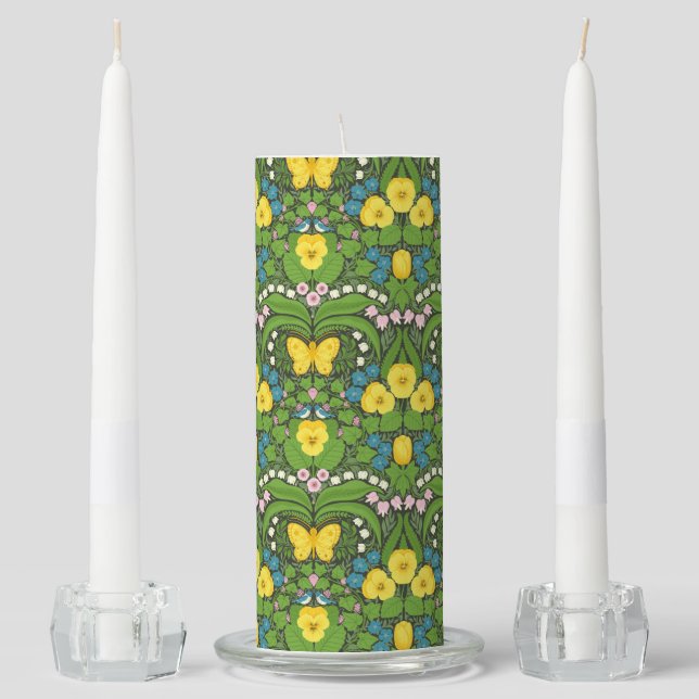 Yellow pansies, birds and butterflies unity candle set (Front)