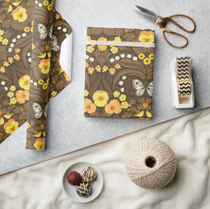 Yellow pansies, birds and butterflies wrapping paper