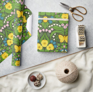 Yellow pansies, birds and butterflies wrapping paper