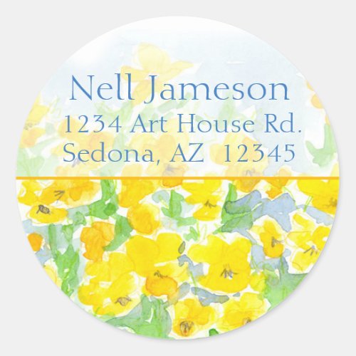 Yellow Pansies Watercolor Flowers Return Address Classic Round Sticker
