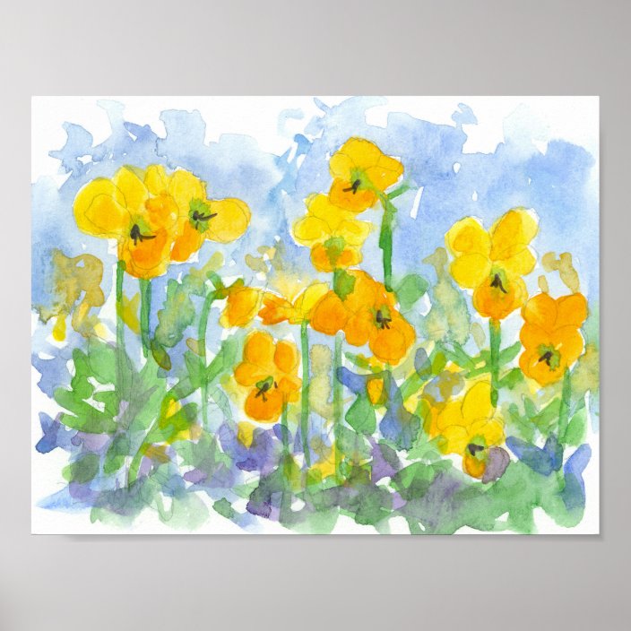 Yellow Pansies Watercolor Spring Flowers Painting Poster Zazzle