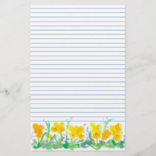 Yellow Pansy Flowers Watercolor Painting Lined Stationery