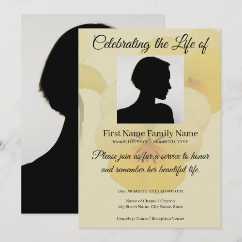 Yellow pansy memorial invitation