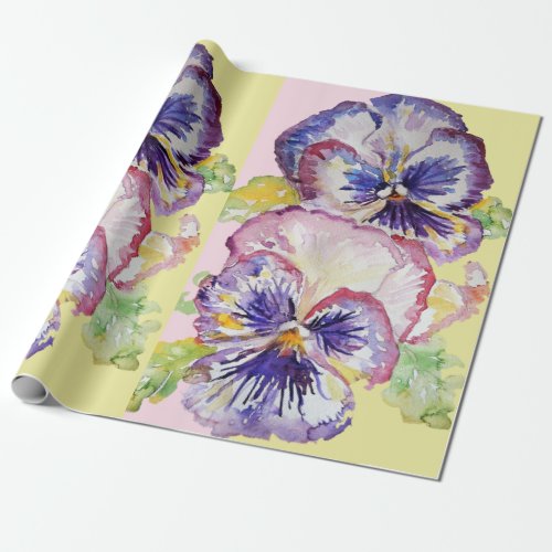Yellow Pansy Pink Yellow Spring flowers Watercolor Wrapping Paper