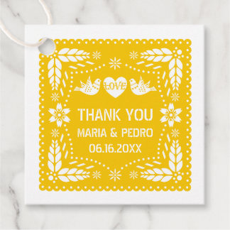 Yellow papel picado love birds wedding fiesta favor tags