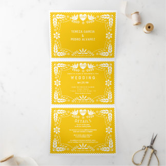 Yellow papel picado love birds wedding Tri-Fold invitation