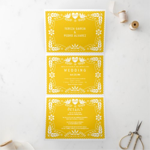 Yellow papel picado love birds wedding Tri_Fold invitation