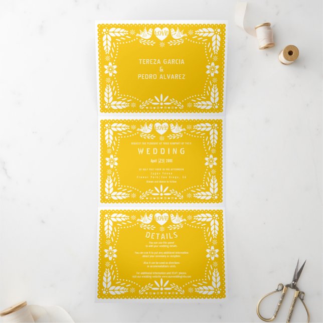Yellow papel picado love birds wedding Tri-Fold invitation (Inside)