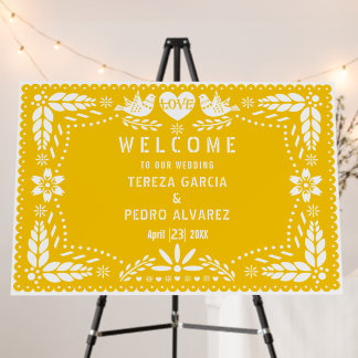 Yellow Papel Picado lovebirds wedding welcome Foam Board