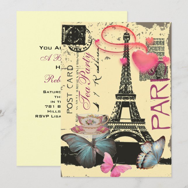 yellow Paris eiffel tower bridal shower tea party Invitation (Front/Back)