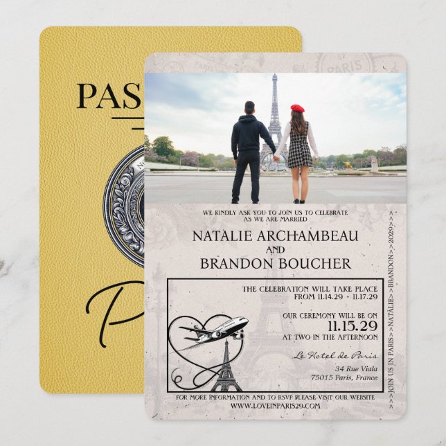 Yellow Paris Passport Wedding Invitation (Front/Back)