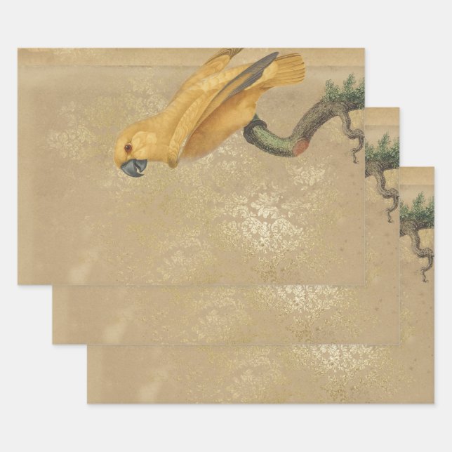 Yellow Parrot on Tan and Gold Wrapping Paper Sheets (Set)