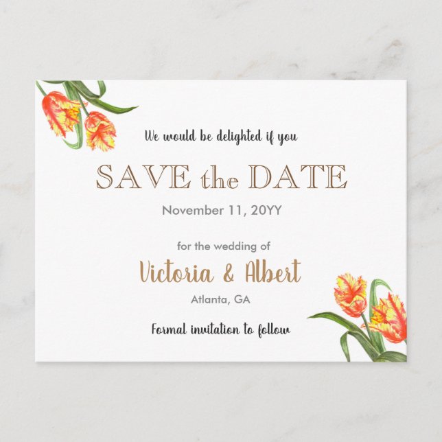 Yellow Parrot Tulips Floral Wedding Save The Date Announcement Postcard (Front)