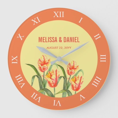 Yellow Parrot Tulips Flower Roman Numbers Large Clock