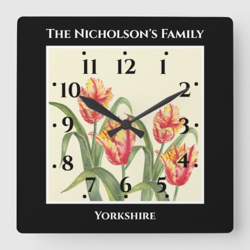 Yellow Parrot Tulips Flower Watercolor Black Square Wall Clock