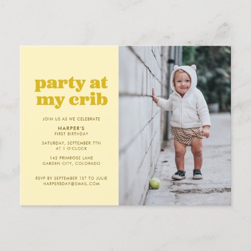 Yellow Party at My Crib 1st Birthday Party Invitat Postcard