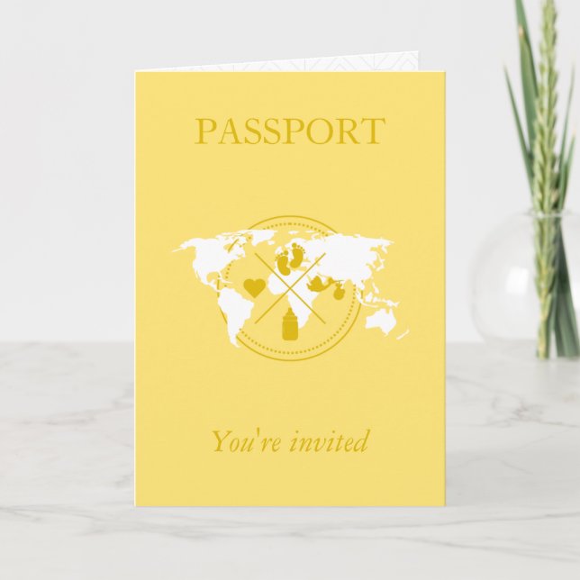 Yellow Passport Travel Boy Baby Shower World Map Invitation (Front)