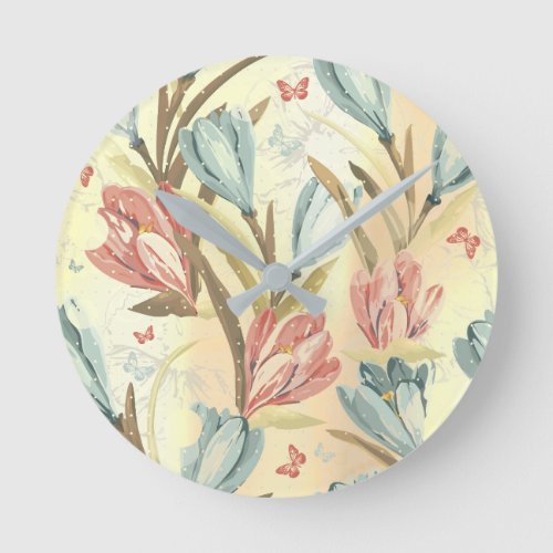 Yellow Pastel Floral  Iris Pearly Blue Ivory Brown Round Clock