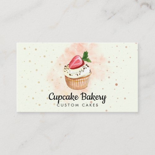 Yellow Pastry Watercolor Strawberry Cupcake Business Card