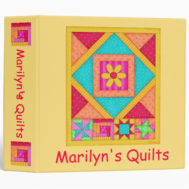 Yellow Patchwork Name Personalized Quilt Notebook 3 Ring Binder (Front/Spine)