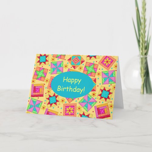 Yellow Patchwork Quilt Art Happy Birthday Card