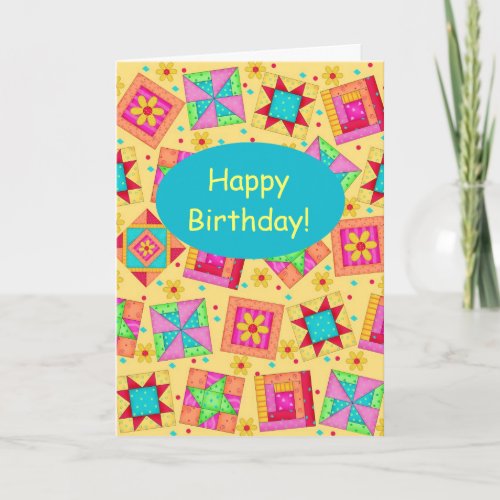 Yellow Patchwork Quilt Block Art Happy Birthday Card