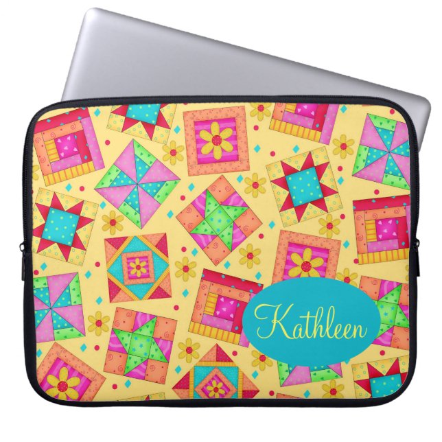 Yellow Patchwork Quilt Block Art Personalized Laptop Sleeve (Front)
