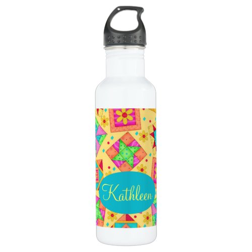 Yellow Patchwork Quilt Block Art Personalized Stainless Steel Water Bottle