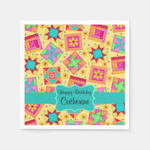 Yellow Patchwork Quilt Block Name Happy Birthday Paper Napkins
