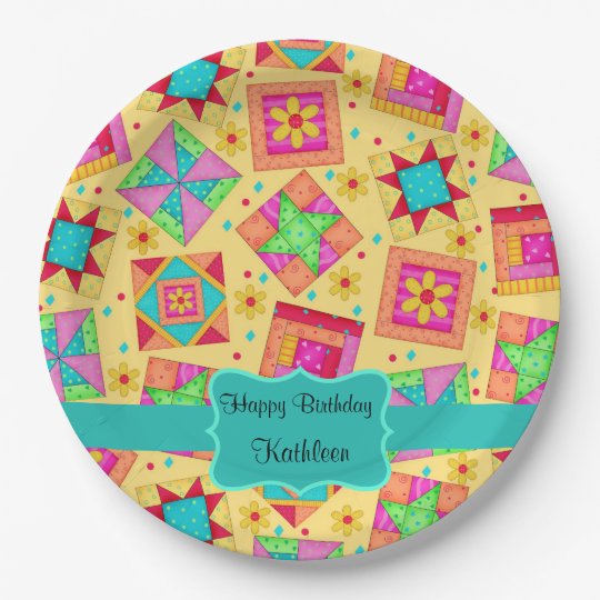 Yellow Patchwork Quilt Block Name Happy Birthday Paper Plate | Zazzle.com