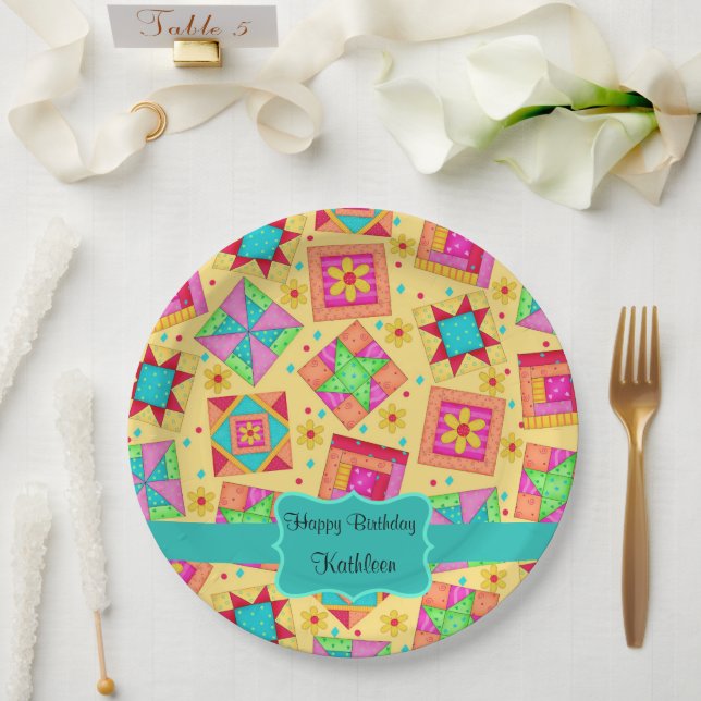 Yellow Patchwork Quilt Block Name Happy Birthday Paper Plates (Wedding)