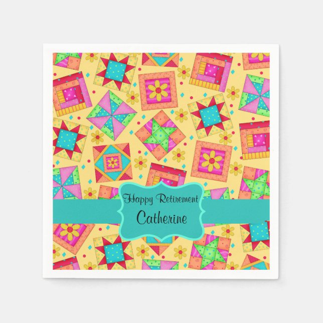 Yellow Patchwork Quilt Block Name Happy Retirement Paper Napkins (Front)