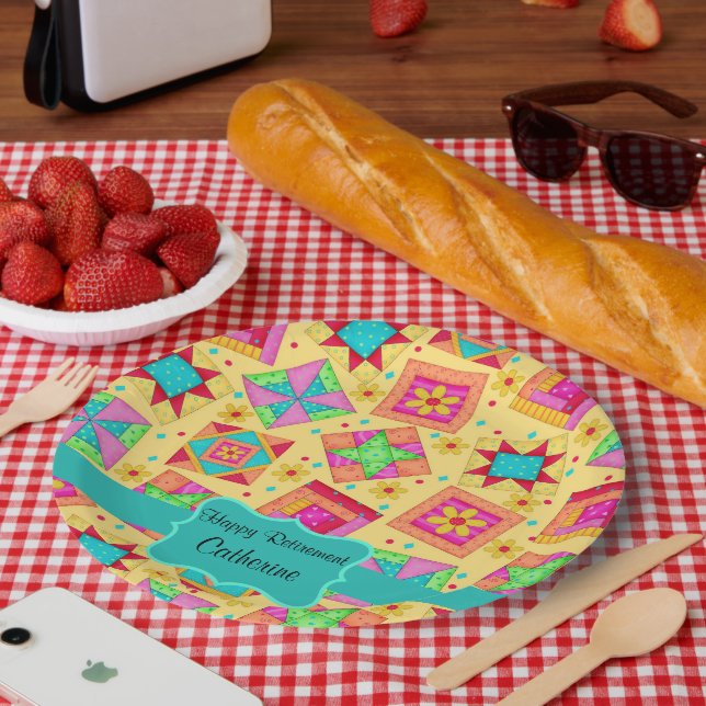 Yellow Patchwork Quilt Block Name Happy Retirement Paper Plates (Picnic)