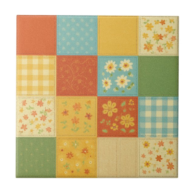 Yellow Patchwork Quilt Rustic Farmhouse Floral Ceramic Tile (Front)