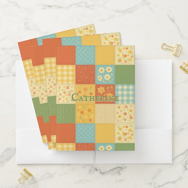 Yellow Patchwork Quilt Rustic Farmhouse Floral Pocket Folder (In Situ)