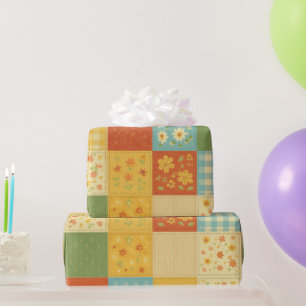 Yellow Patchwork Quilt Rustic Farmhouse Floral Wrapping Paper