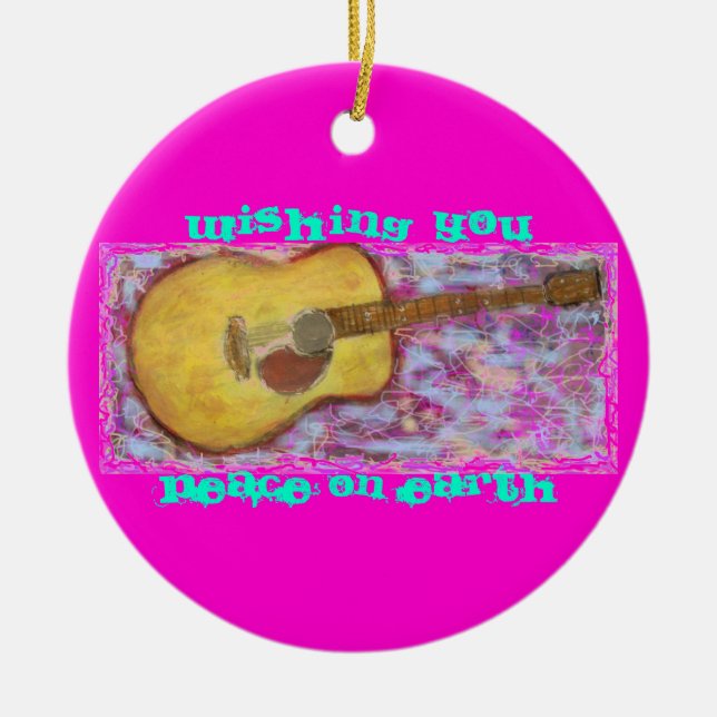yellow patina acoustic guitar Peace On Earth Ceramic Ornament (Front)