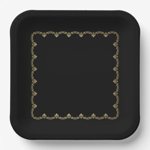 Yellow Pattern Black Square Paper Plate