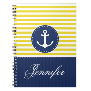 Yellow Pattern Blue Anchor Personalized Name Notebook
