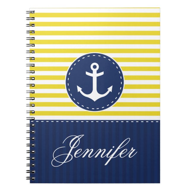 Yellow Pattern Blue Anchor Personalized Name Notebook (Front)
