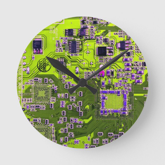 Yellow PCB Circuit Board Design for IT Pros Round Clock (Front)