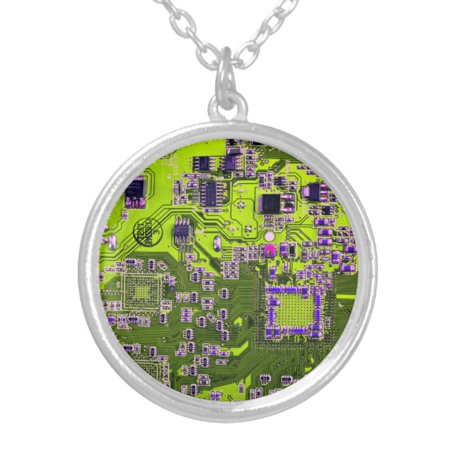 Yellow PCB Circuit Board Design for IT Pros Silver Plated Necklace (Front)