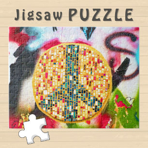 Yellow Peace Mosaic on Graffiti Wall - Jigsaw Puzzle