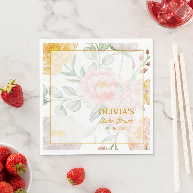 Yellow Peach Floral Arch Frame Bridal Shower Party Napkins (Insitu)
