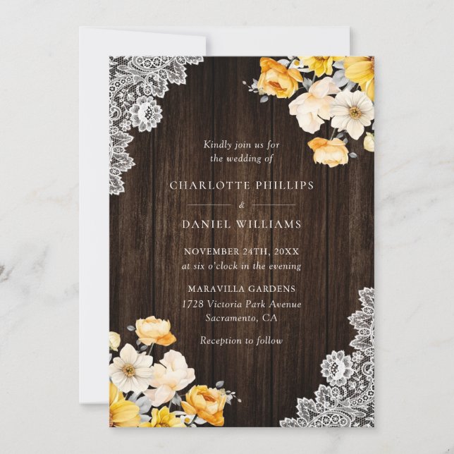 Yellow Peach Floral Rustic Wood Wedding Invitation (Front)