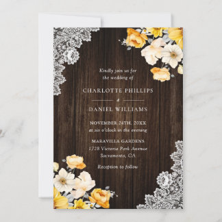 Yellow Peach Floral Rustic Wood Wedding Invitation